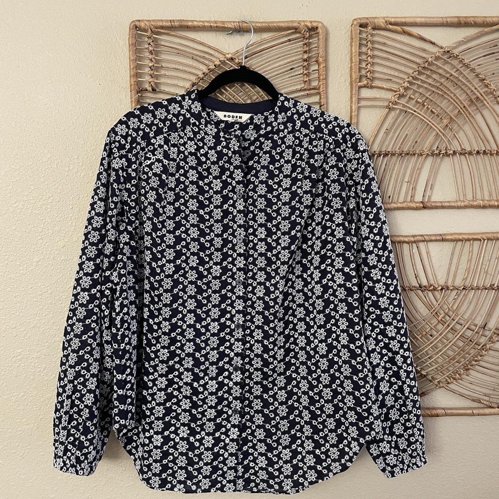 Boden Oversized Broderie Shirt Blue Long Sleeve 100% Cotton Women's Sz 6 B6